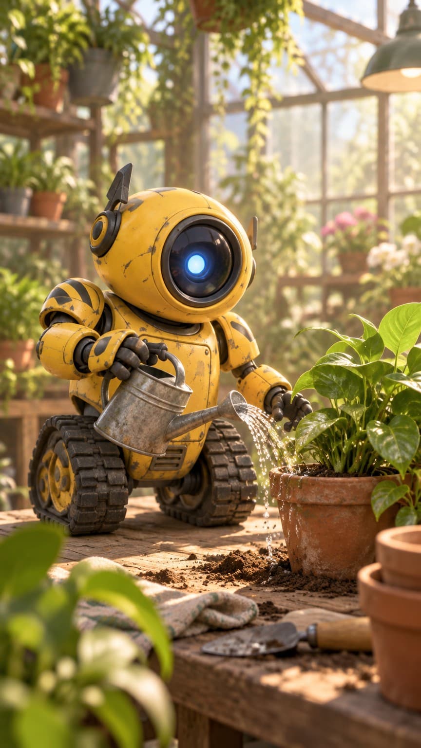 Bolt, 3D style: Gently watering a potted plant in a greenhouse, dust motes in the sunlight