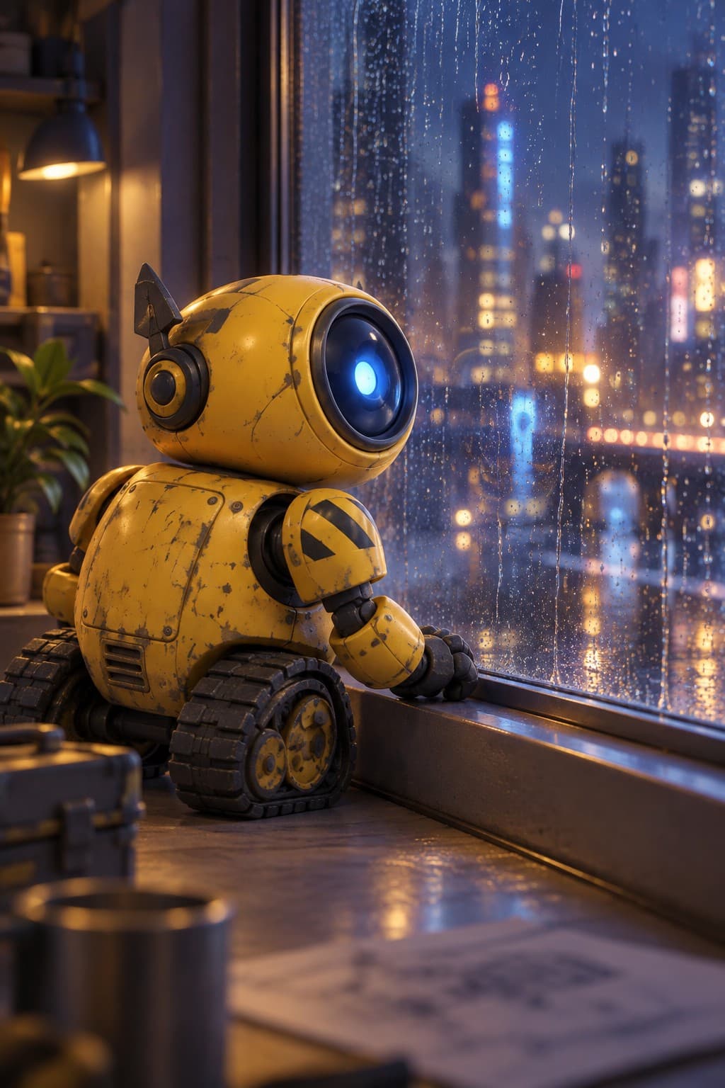 Bolt, 3D style: Looking out of a rain-streaked window at night, lens glowing softly, city lights blurred outside
