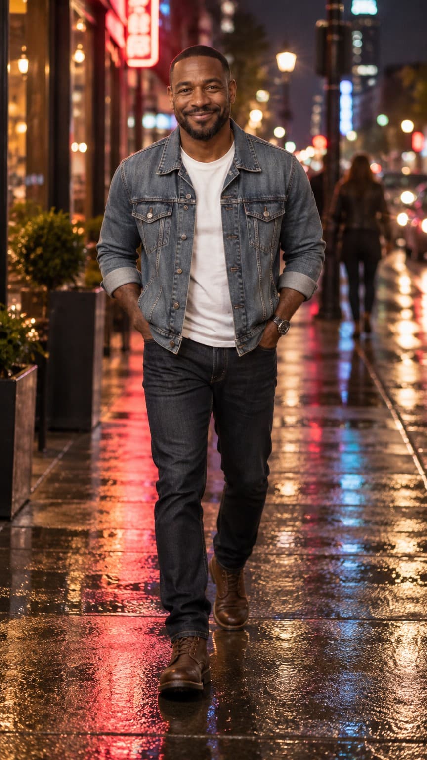 Marcus, Realistic style: Walking a city street at night, neon reflections on wet pavement, hands in his jacket pockets