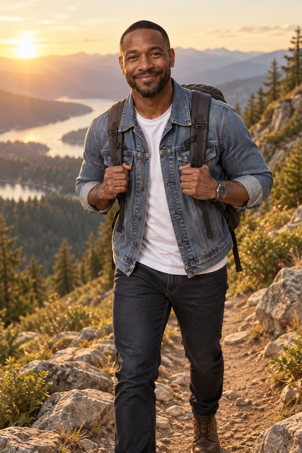 Marcus, Realistic style: On a mountain trail at golden hour, backpack straps on his shoulders, wind in his hair