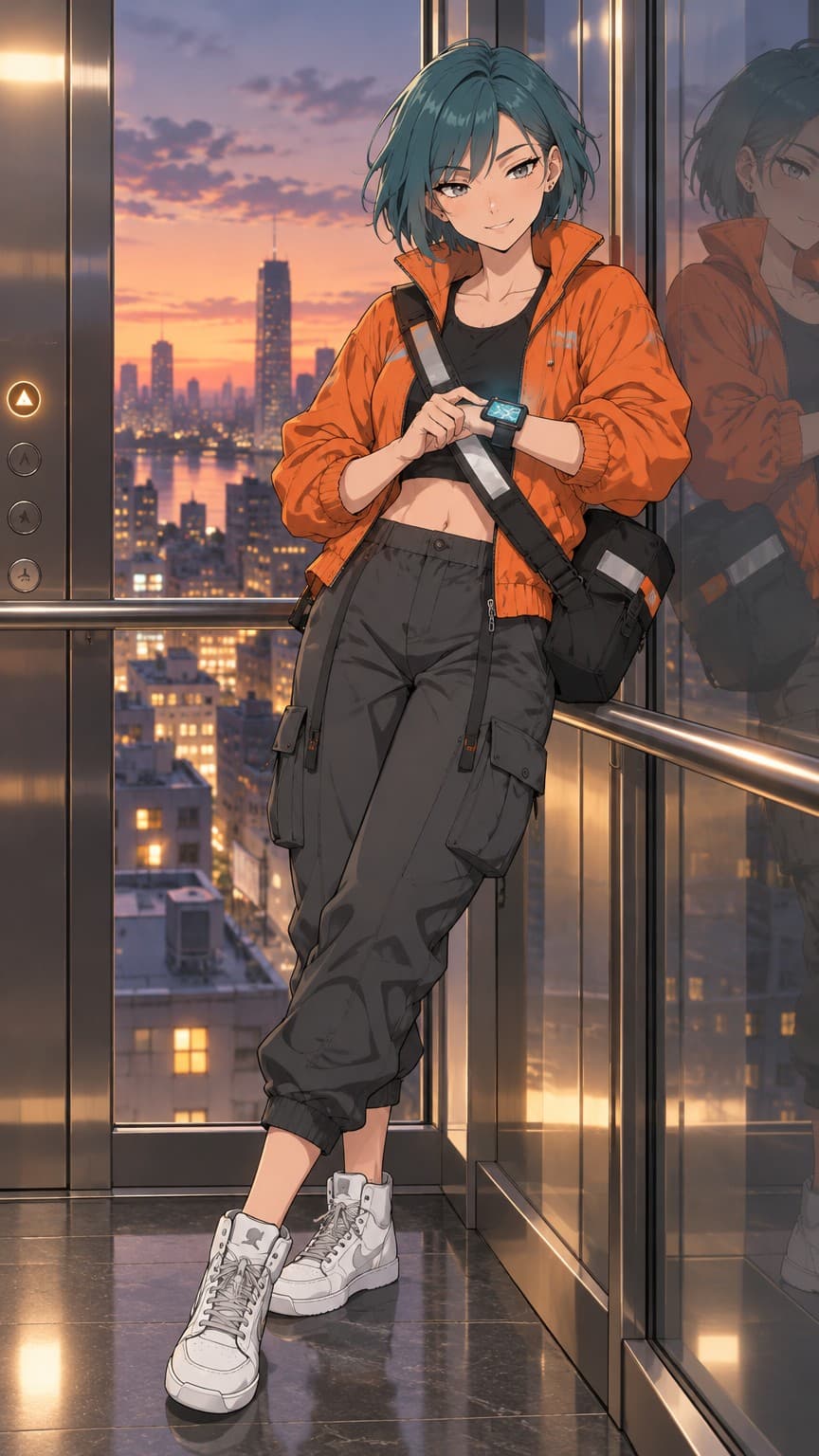 Nova, Anime style: Leaning on the glass wall of an elevator, checking a wristband map, soft interior light, relaxed