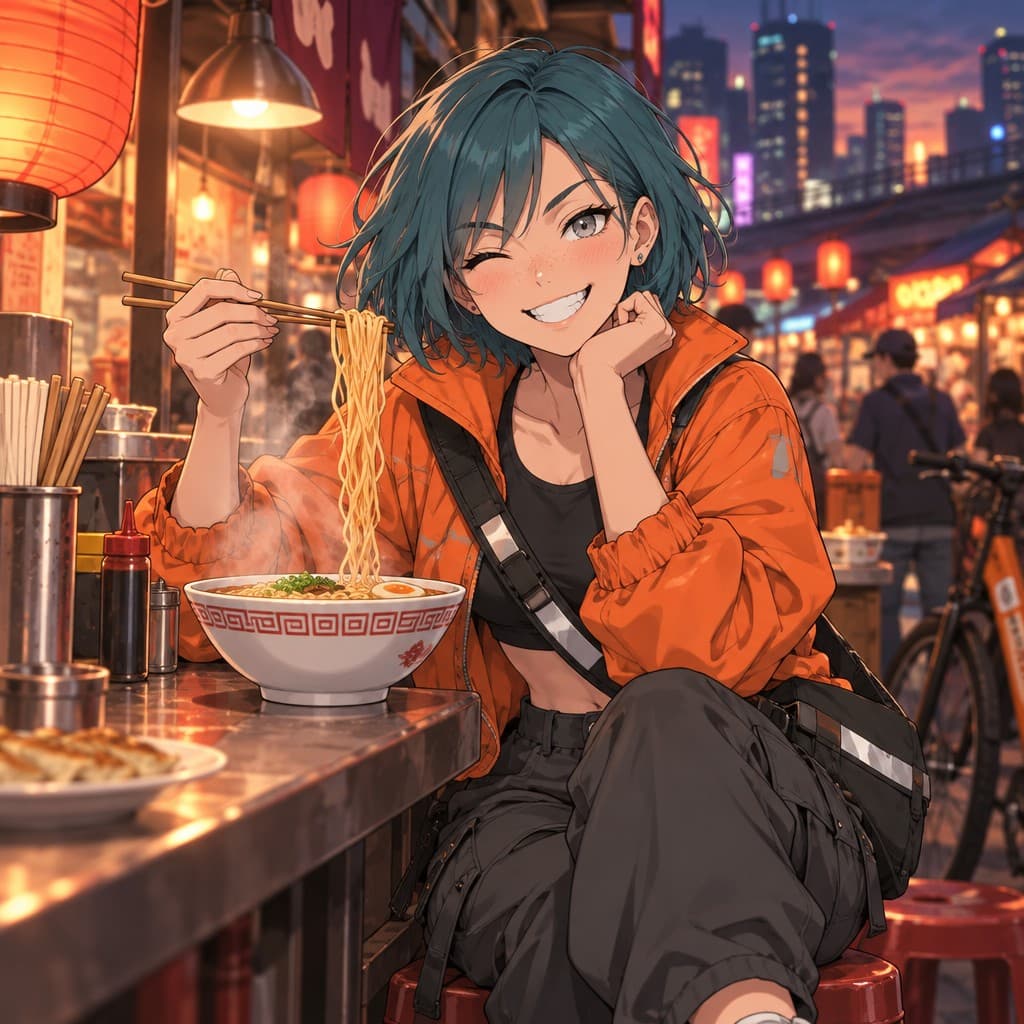 Nova, Anime style: Eating noodles at a neon-lit night-market stall, steam rising, chopsticks mid-air, grinning