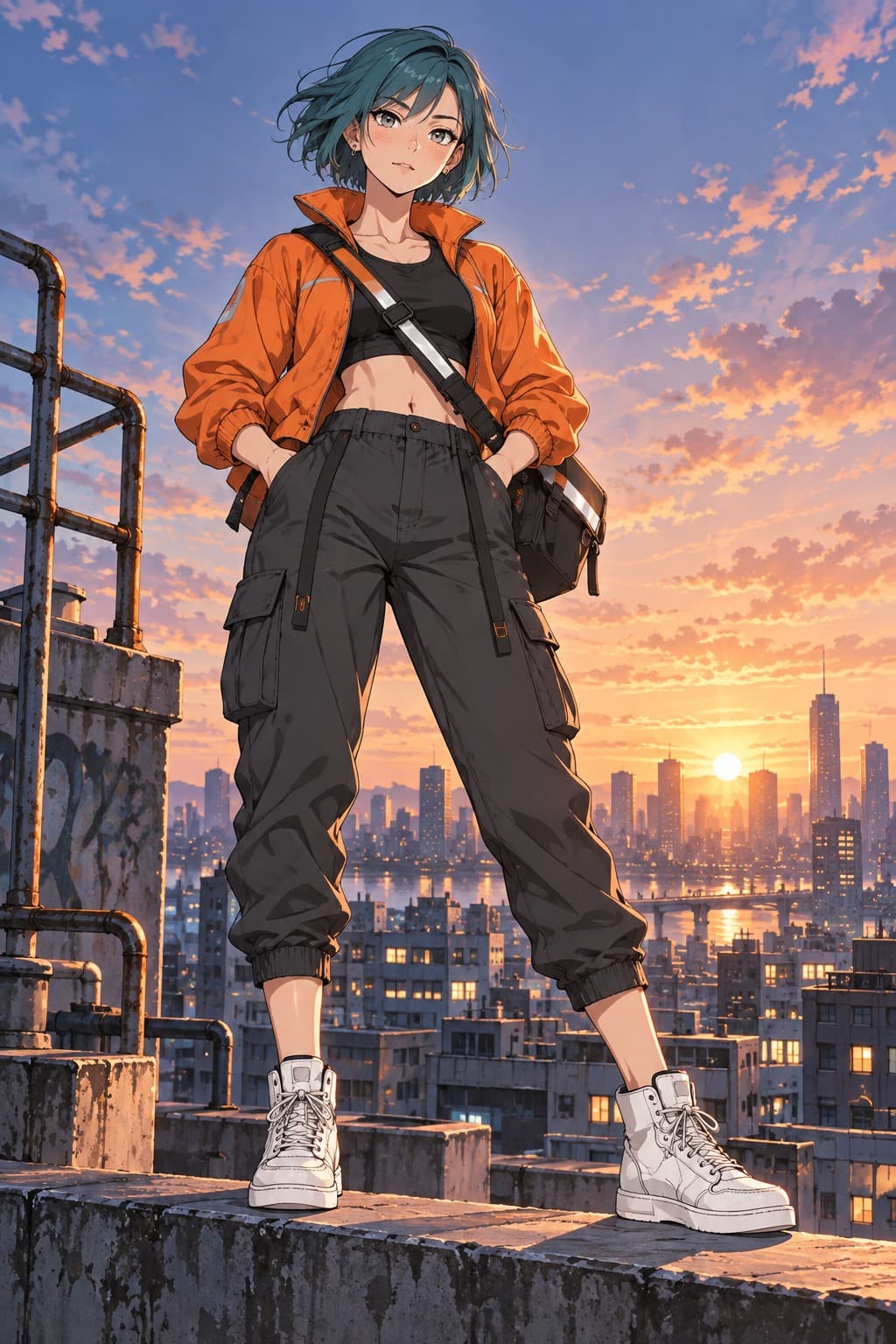 Nova, Anime style: Standing on a rooftop ledge at dawn, city skyline behind her, wind in her hair, parcel bag slung across her chest