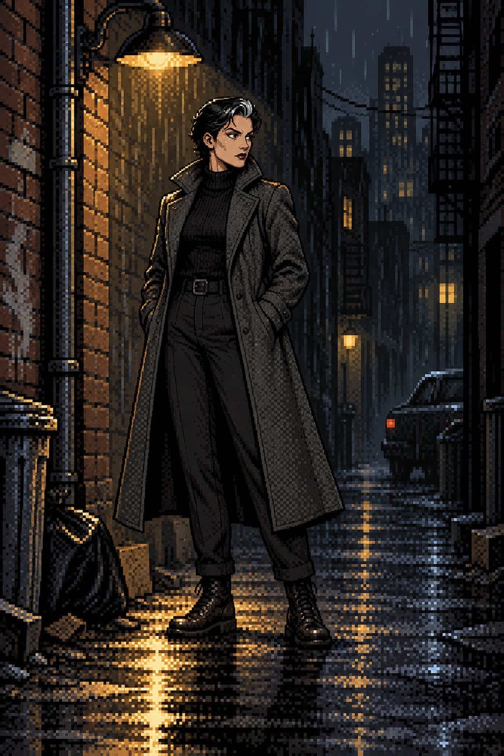 Vera in pixel-art style, standing under a streetlamp