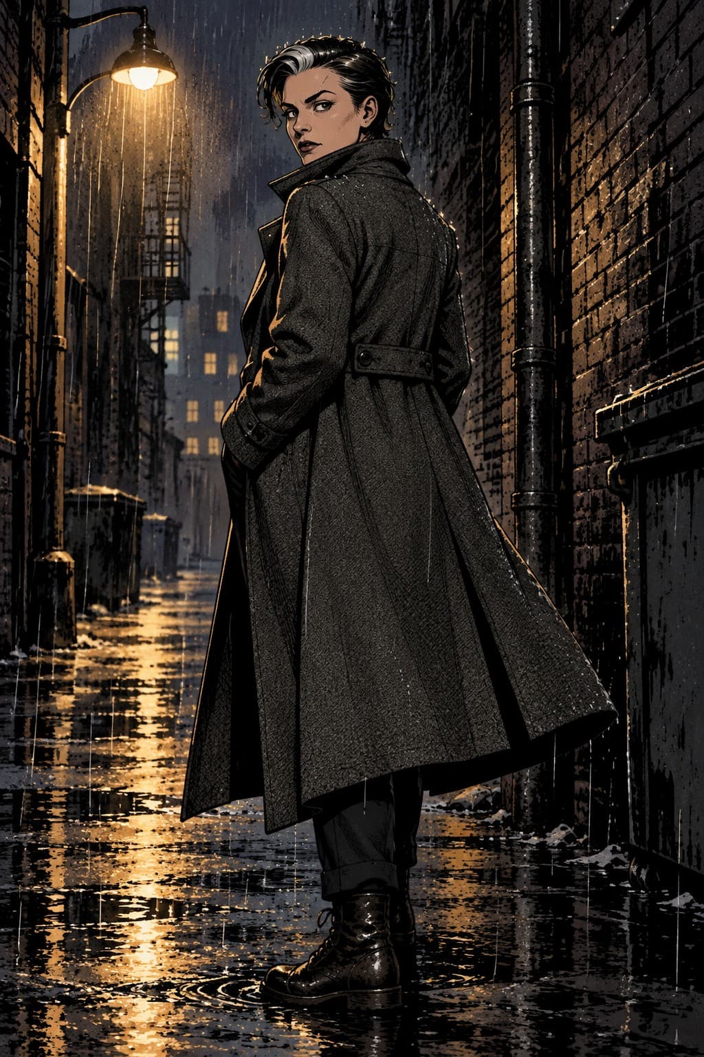 Vera, Comic style: Under a streetlamp in a rain-soaked alley, coat collar up, hard inked shadows, looking over her shoulder