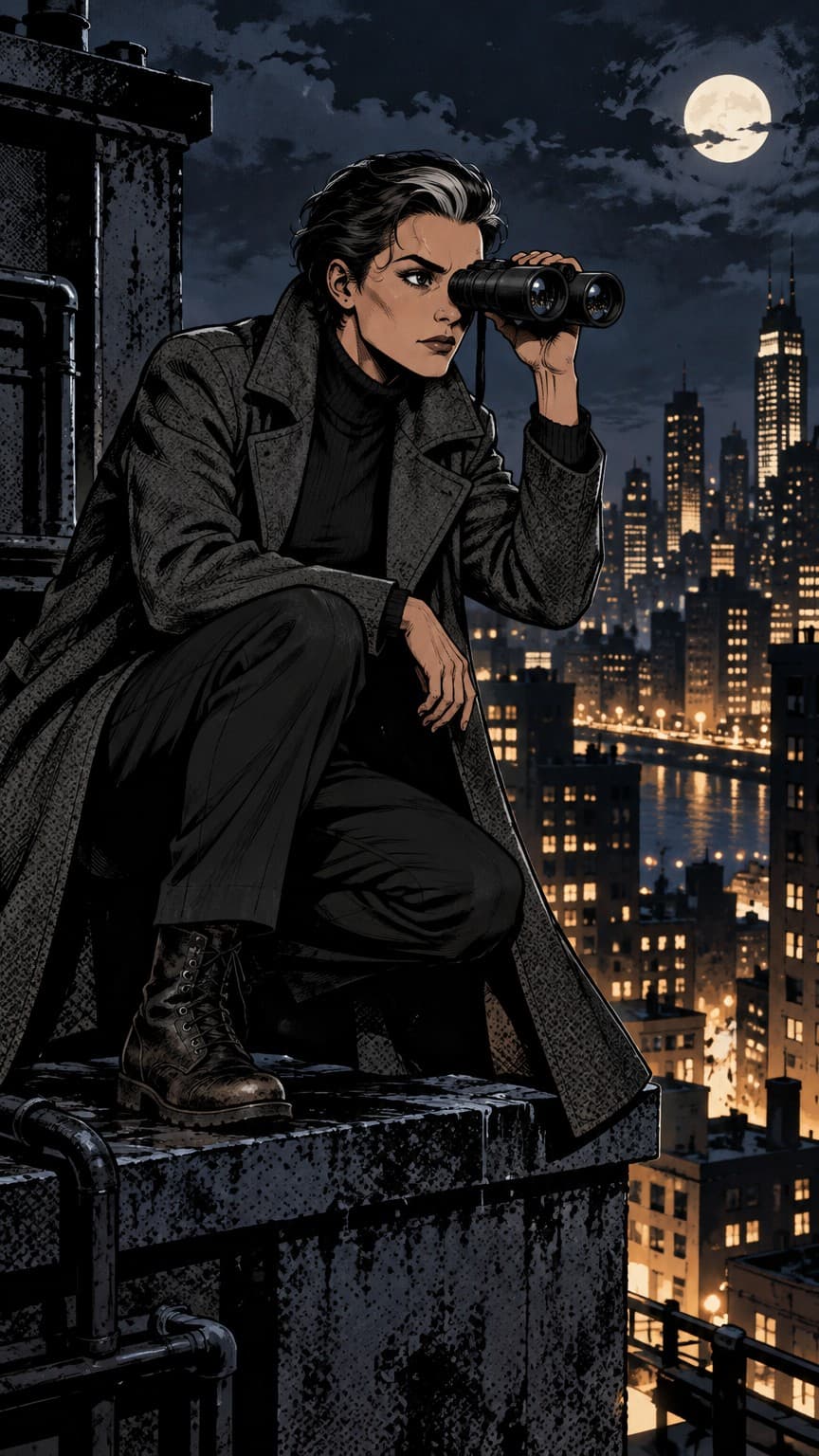 Vera, Comic style: Crouched on a rooftop with binoculars, city lights below, high contrast night